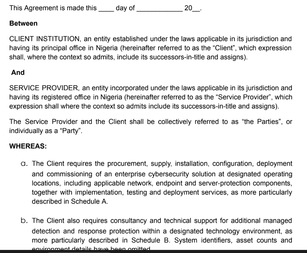 Anonymised service agreement showing parties, scope and contract structure