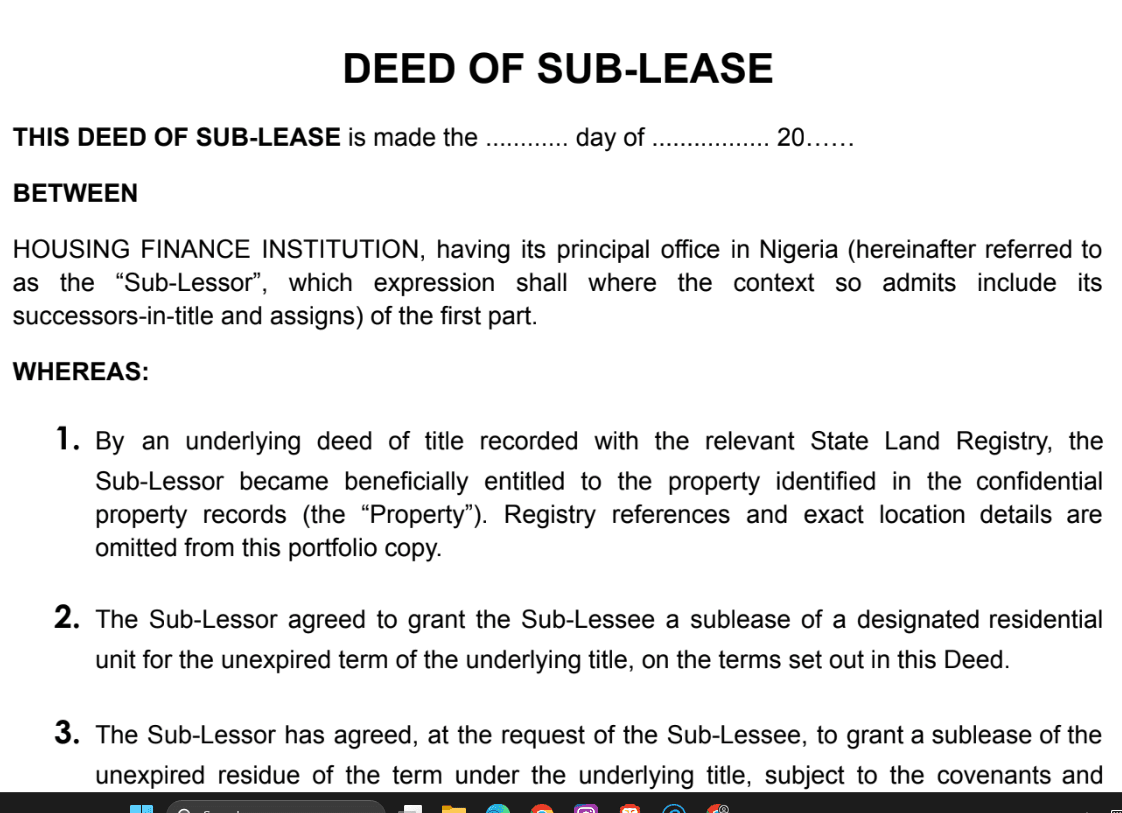 Anonymised deed of sub-lease showing definitions and underlying property terms