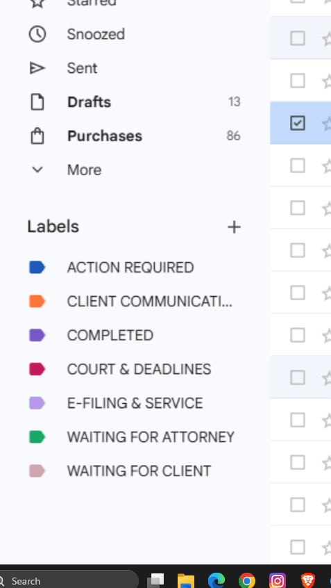 Email labels separating action items, client communication, deadlines and pending replies