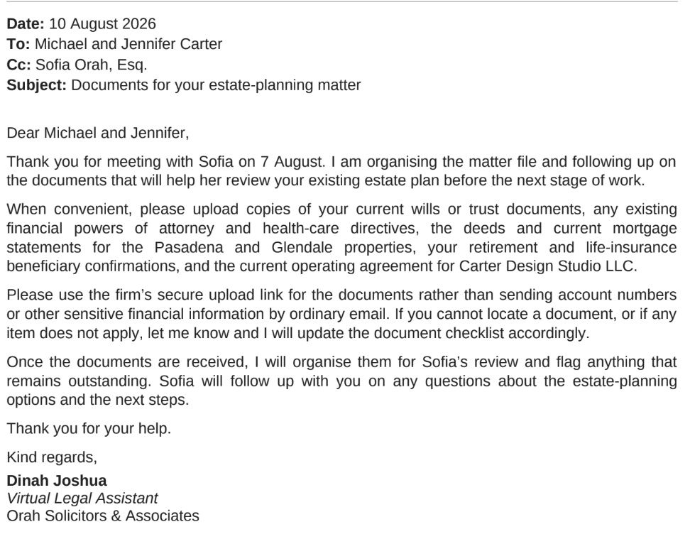Follow-up email requesting documents and explaining secure submission and next steps