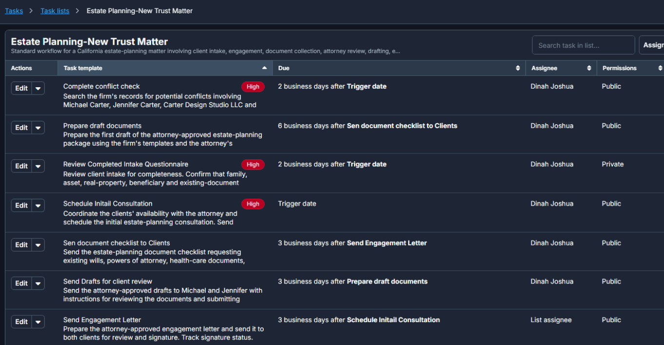 Clio task list showing matter tasks, relative due dates and assignees